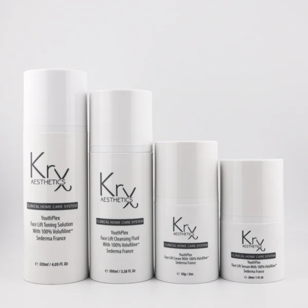 Das Bild zeigt vier weiße Kosmetikflaschen der Marke Krx Aesthetics aus der Serie Clinical Home Care System. Von links nach rechts: 1. Face Lift Toning Solution (120 ml / 4.05 fl. oz.) 2. Face Lift Cleansing Fluid (100 ml / 3.38 fl. oz.) 3. Face Lift Cream (50 g / 2 oz.) 4. Face Lift Serum (30 ml / 1 fl. oz.) Alle Produkte enthalten 100 % Volufiline™ von Sederma France und sind in schlichtem, professionellem Design gehalten.