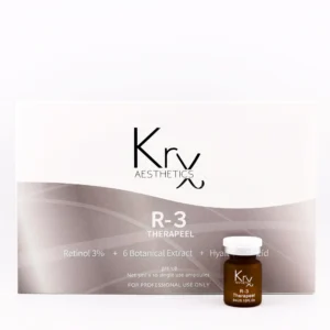 Das Bild zeigt ein Produkt der Marke KrX AESTHETICS aus der Kategorie professioneller Peelings. Es handelt sich um das R-3 Therapeel, das in einer rechteckigen Produktverpackung mit moderner, silbergrauer Wellenoptik präsentiert wird. Links im Bild ist die Verpackung sichtbar, rechts daneben steht eine kleine, braune Glasampulle mit weißem Deckel – ebenfalls beschriftet mit „KrX AESTHETICS – R-3 Therapeel“. Auf der Verpackung steht: • Retinol 3% • 6 Botanical Extracts • Hyaluronic Acid • pH-Wert: 1.8 • Inhalt: 3 ml x 10 Einzelampullen • Nur für professionelle Anwendung Dieses Produkt ist ein intensives Retinol-Peeling für den professionellen Gebrauch und kombiniert starke regenerierende Wirkstoffe mit pflanzlichen Extrakten und Feuchtigkeitsspendern.