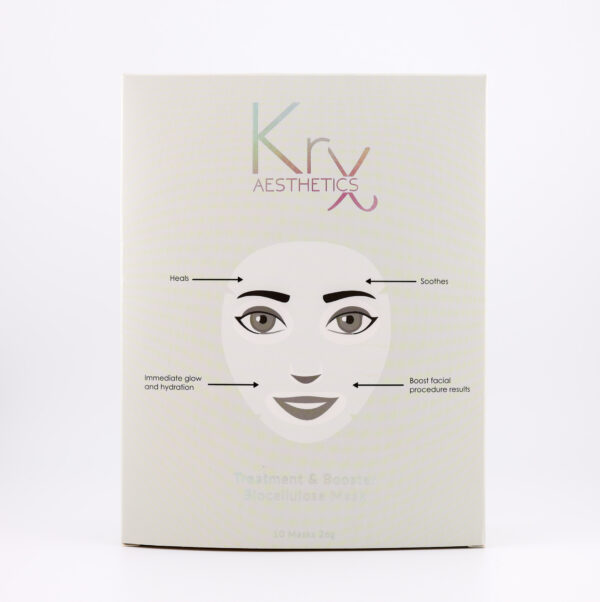 Das Bild zeigt die Vorderseite einer Verpackung der Marke Krx AESTHETICS. In der Mitte ist eine stilisierte Illustration eines Gesichts abgebildet, das eine Gesichtsmaske trägt. Von vier Punkten im Gesicht gehen Pfeile aus, die die Wirkungen der Maske beschreiben: • Stirn links: Heals (Heilt) • Stirn rechts: Soothes (Beruhigt) • Wange links: Immediate glow and hydration (Sofortiger Glow und Feuchtigkeitsversorgung) • Wange rechts: Boost facial procedure results (Verbessert die Ergebnisse kosmetischer Gesichtsbehandlungen) Unten auf der Verpackung steht in kleinerer Schrift: Treatment & Booster Biocellulose Mask – also eine Behandlungs- und Booster-Maske aus Biocellulose. Die Packung enthält 10 Masken à 25g. Wenn du möchtest, kann ich auch einen kurzen Beschreibungstext für Social Media oder deinen Webshop erstellen.