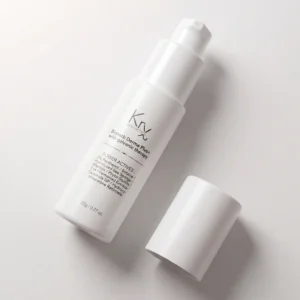 Alternativtext: Weißer Pumpspender des KRX Aesthetics BIOHERB DERMA PLUS+ Spicule-Serums mit abgenommener Kappe, 22 g.