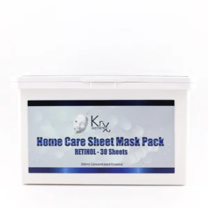 Auf diesem Bild ist eine weitere Home Care Sheet Mask Pack von KRX Aesthetics zu sehen, diesmal mit Retinol. Die Verpackung ist identisch zur vorherigen, eine weiße Kunststoffbox mit Klappdeckel. Das Etikett hat einen blauen Schriftzug auf einem silbernen Hintergrund. Auch dieses Produkt enthält 30 Tuchmasken mit 300 ml konzentrierter Essenz, ideal für Hautpflege mit Retinol.