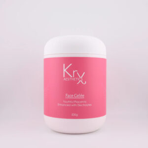 Auf dem Bild ist ein großer Kosmetikbehälter der Marke KrX Aesthetics zu sehen. Es handelt sich um ein Produkt mit dem Namen Face Gelée. Der Behälter ist weiß mit einem kräftig pinkfarbenen Etikett. Im oberen Bereich steht in großen weißen Buchstaben das Markenlogo KrX Aesthetics. Darunter folgt der Produktname Face Gelée, gefolgt von einer Beschreibung: Youthful Placenta – Enhanced with Electrolytes Am unteren Rand ist die Füllmenge mit 500g angegeben. Das Design wirkt frisch, modern und professionell – geeignet für den kosmetischen Fachbereich.
