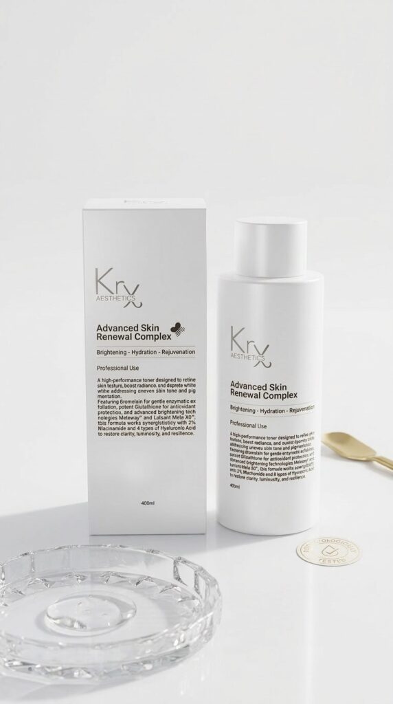 KrX Aesthetics Advanced Skin Renewal Complex Toner Flasche mit Verpackung in einer professionellen Spa-Umgebung