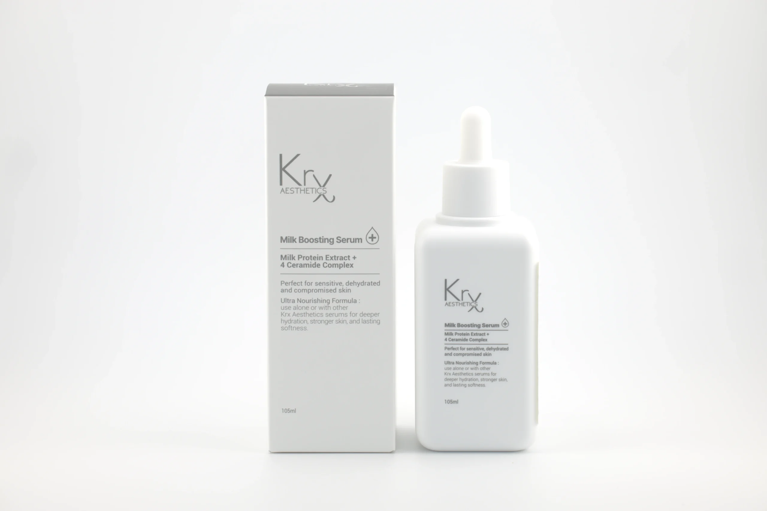 KRX Milk Boosting Serum mit Milchferment und 4-Ceramid-Komplex in Flasche mit Verpackung