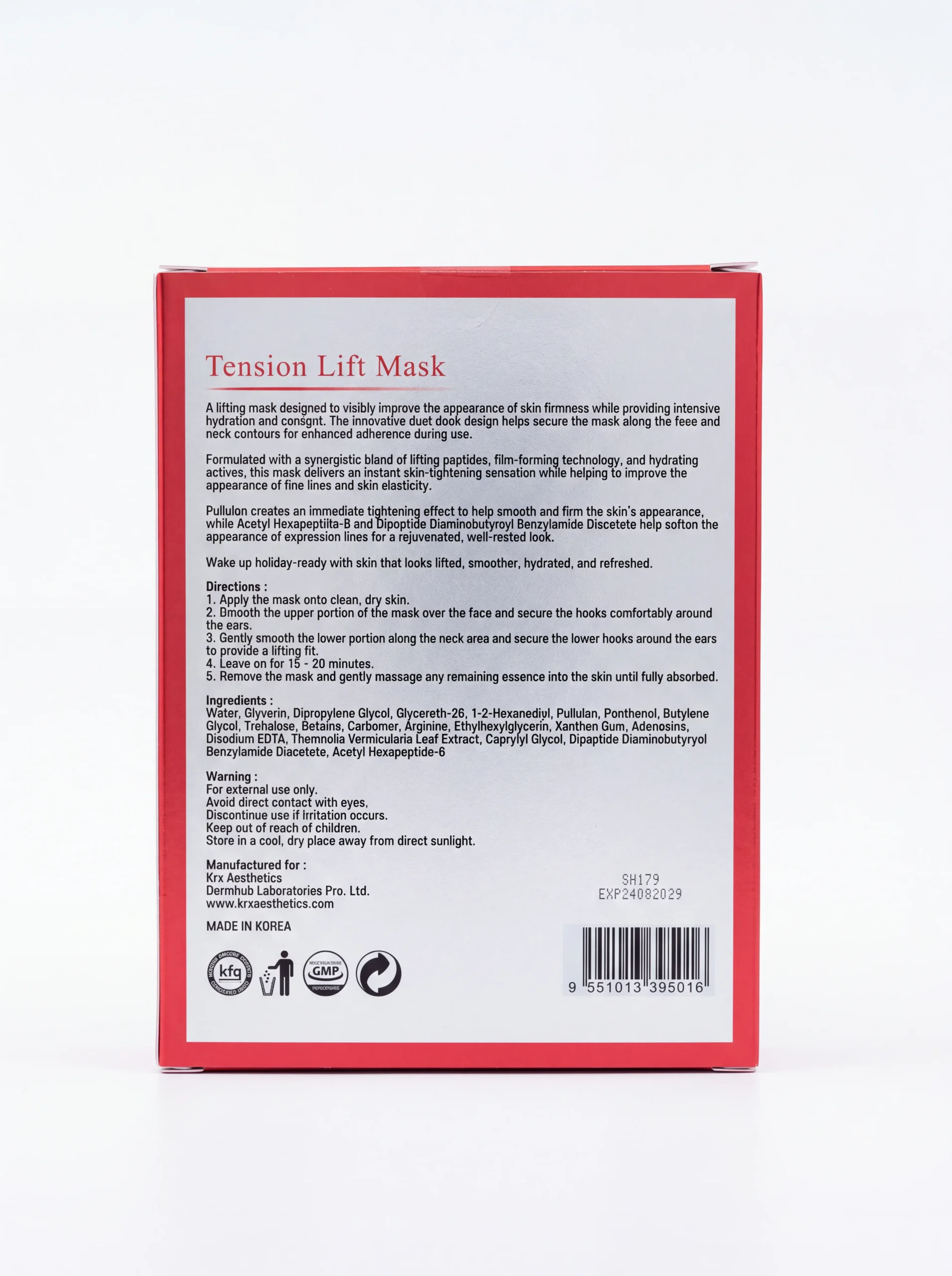 Rückseite der KRX Tension Lift Mask Verpackung mit Anwendungshinweisen und Inhaltsstoffen